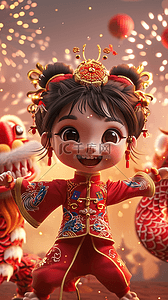 海报设计中国插画图片_可爱女孩庆祝拜年烟花立体海报新年插画海报