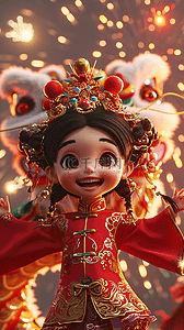 背景设计中国插画图片_可爱女孩新年庆祝拜年烟花立体海报插画设计