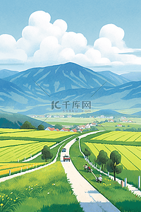 梯田山峰风景唯美春天插画海报