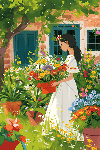 时尚女孩花园唯美手绘春天海报原创插画