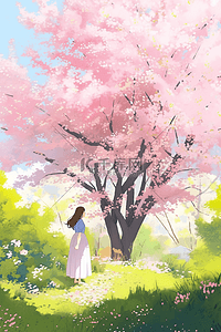 春天樱花树手绘赏樱花唯美海报插画海报