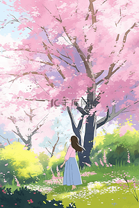 樱花树春天赏樱花唯美手绘海报插画设计