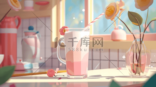 奶茶创意插画图片_窗边桌面一杯饮品创意插画6