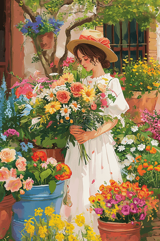 春天时尚女孩手绘花园唯美海报原创插画