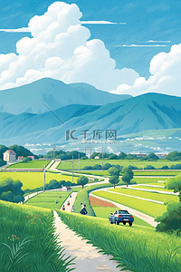 山峰油画插画图片_春天梯田风景山峰唯美插画海报