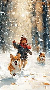 一只奔跑的小狗插画图片_新年玩耍孩子小狗雪地油画海报插画