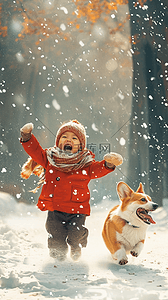 一只奔跑的小狗插画图片_新年孩子小狗雪地玩耍海报油画插画图片