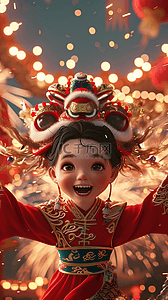 烟花古风插画图片_可爱女孩庆祝拜年烟花新年立体海报插图