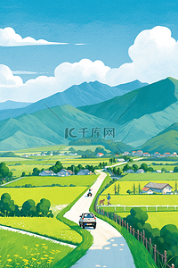 春天风景梯田山峰唯美插画海报