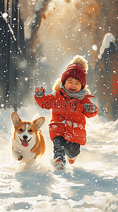 一只奔跑的小狗插画图片_新年孩子小狗雪地海报玩耍油画插画图片