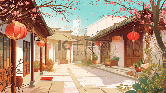 中国风中式庭院中式建筑大气插画13
