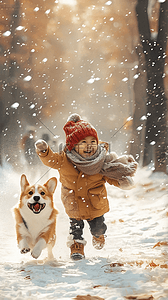 一只奔跑的小狗插画图片_孩子小狗新年新年雪地玩耍油画海报插图