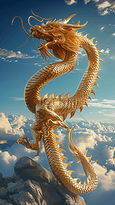 龙年海报金色的龙天空立体插画