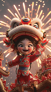 海报设计中国插画图片_新年可爱女孩庆祝拜年烟花立体海报素材