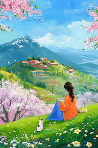 一束樱花插画图片_春天插画女孩山上画画风景唯美海报