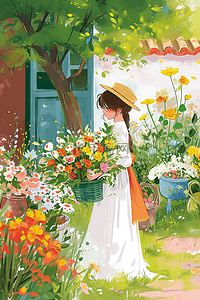 春天手绘时尚女孩花园唯美海报素材