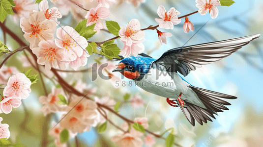 春天春季飞在桃花间的燕子插画28