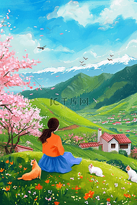 春天花开唯美插画图片_女孩山上春天画画风景唯美插画海报