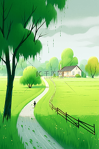一个人道路插画图片_绿树春天绿草地唯美手绘海报图片