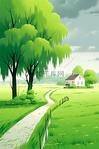 一个人道路插画图片_唯美春天绿草地绿树手绘海报原创插画