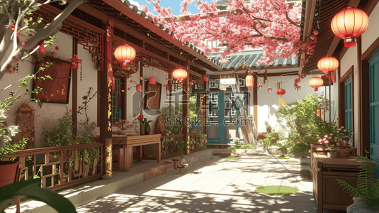 中国风中式建筑庭院挂灯笼的插画1