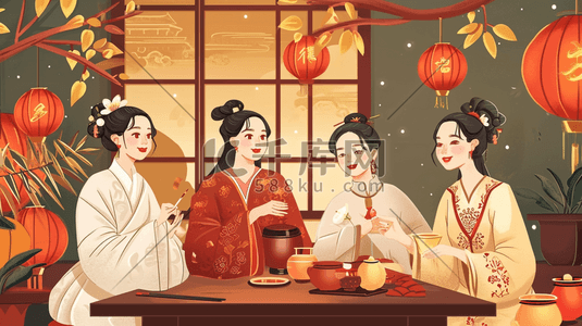 中国古代女子聚会聊天插画15