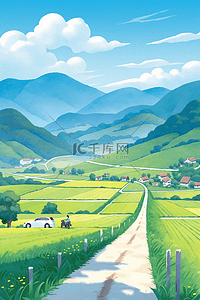 山峰油画插画图片_春天山峰梯田风景唯美插画海报