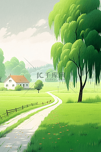 绿草地绿树唯美手绘春天海报插画设计