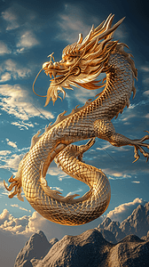 运动插画图片_金色的龙天空龙年立体插画海报