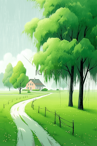春天绿草地绿树手绘海报唯美矢量插画