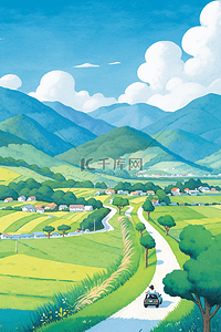 山峰油画插画图片_春天唯美梯田山峰风景插画海报