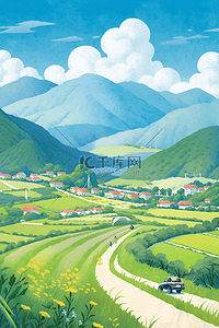 春天梯田山峰风景唯美插画海报