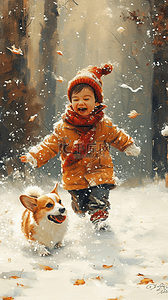 一只奔跑的小狗插画图片_新年孩子小狗油画海报雪地玩耍图片