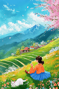 女孩山上画画风景唯美春天插画海报