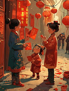 红色中国梦海报插画图片_红色中国过年穿古装的孩童有红包的插画15