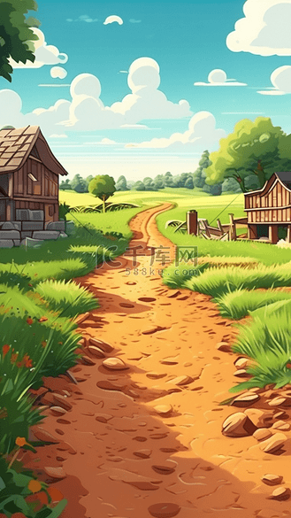 乡村泥路小屋子景色插画