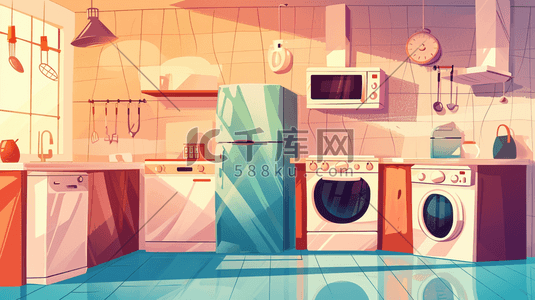 洗衣机洗衣机插画图片_卡通家居家电厨房集成灶洗衣机插画16