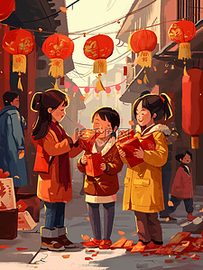 红色中国梦云插画图片_红色中国过年穿古装的孩童有红包的插画13