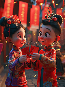 拆开红包插画图片_红色中国过年穿古装的孩童有红包的插画1
