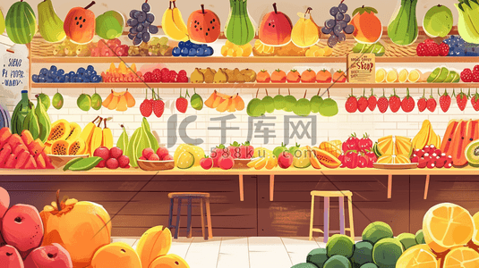 数字艺术西瓜插画图片_手绘水果店各式各样水果场景插画13