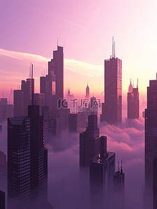 紫色镭射灯光效果插画图片_紫色星光闪耀城市高楼大厦插画18