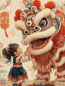 舞狮孩子庆祝手绘插画海报新年