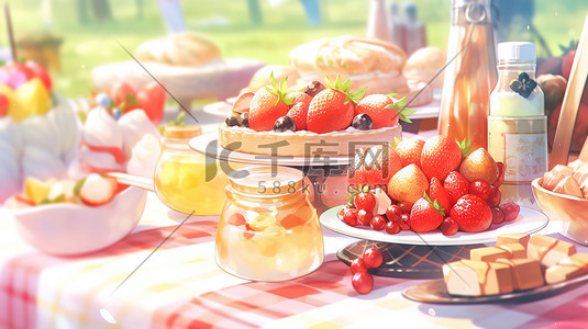 桌子上的蛋糕和水果野餐插画海报
