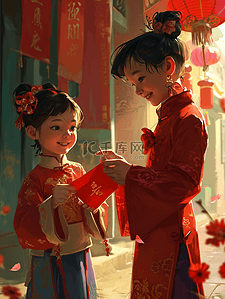 过年文字插画图片_红色中国过年穿古装的孩童有红包的插画6