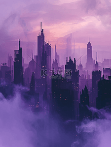 紫色镭射灯光效果插画图片_紫色星光闪耀城市高楼大厦插画7