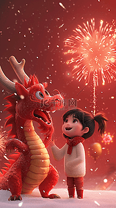 设计上的中国插画图片_新年龙孩子烟花手绘3d海报插画设计