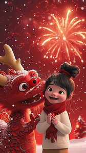 背景设计中国插画图片_新年龙孩子手绘烟花3d海报插画设计