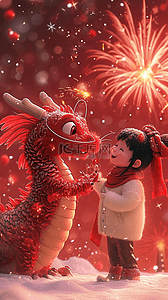 新年插图插画图片_龙孩子烟花手绘3d海报新年插图