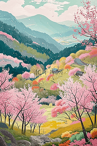 春天手绘绿色海报插画图片_唯美樱花春天手绘插画海报