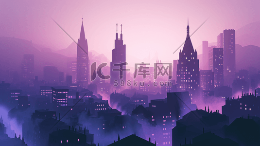 紫色星光闪耀城市高楼大厦插画4
